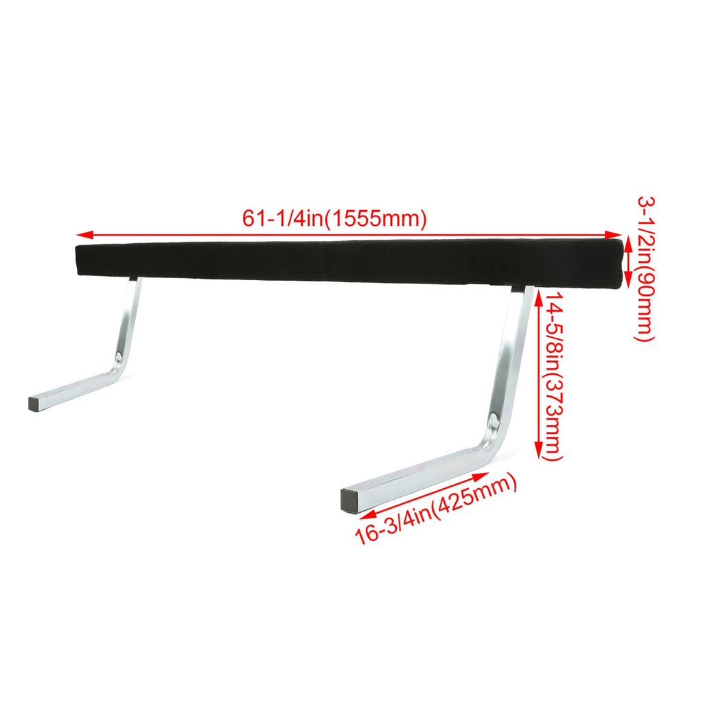 Adjustable bunk board guide, black pads with silver U-bracket supports and measurements