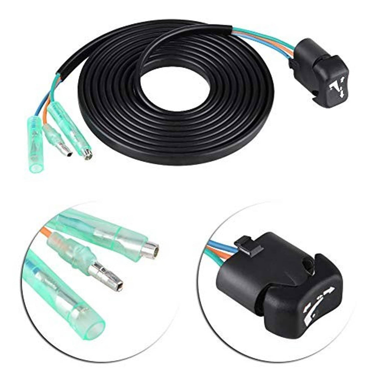 Outboard trim/tilt switch harness set with coiled black cable and black plug housing