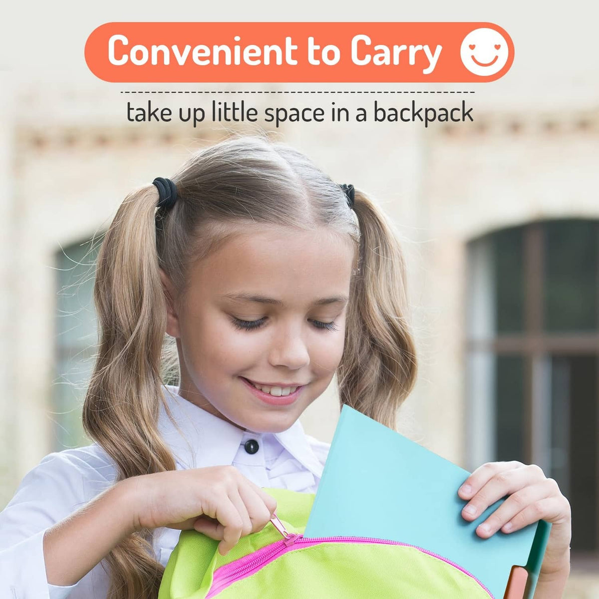 Light blue accordion file organizer held in a hand with snap closure strap