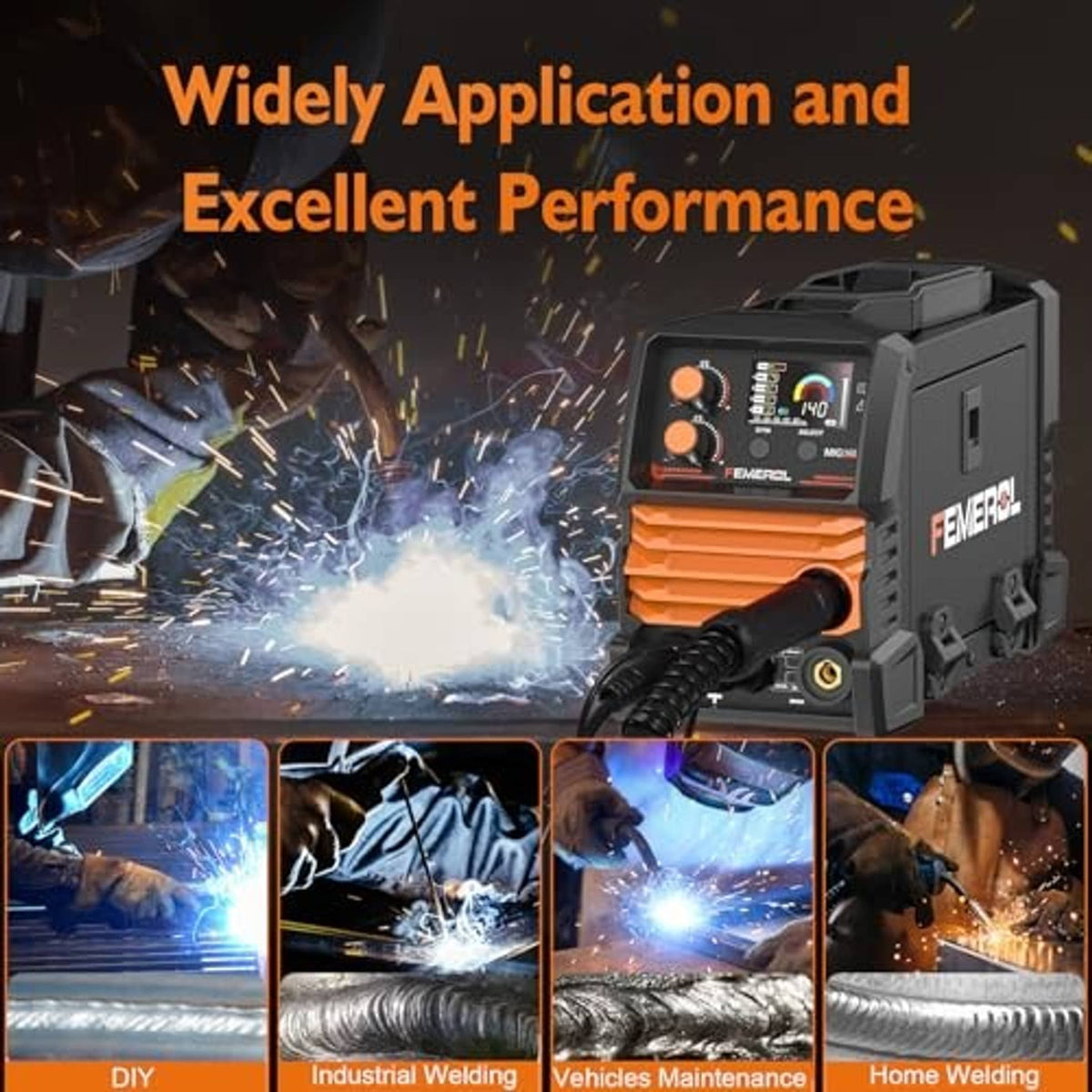 Welding machine producing bright arc sparks, front orange housing and dark side panels