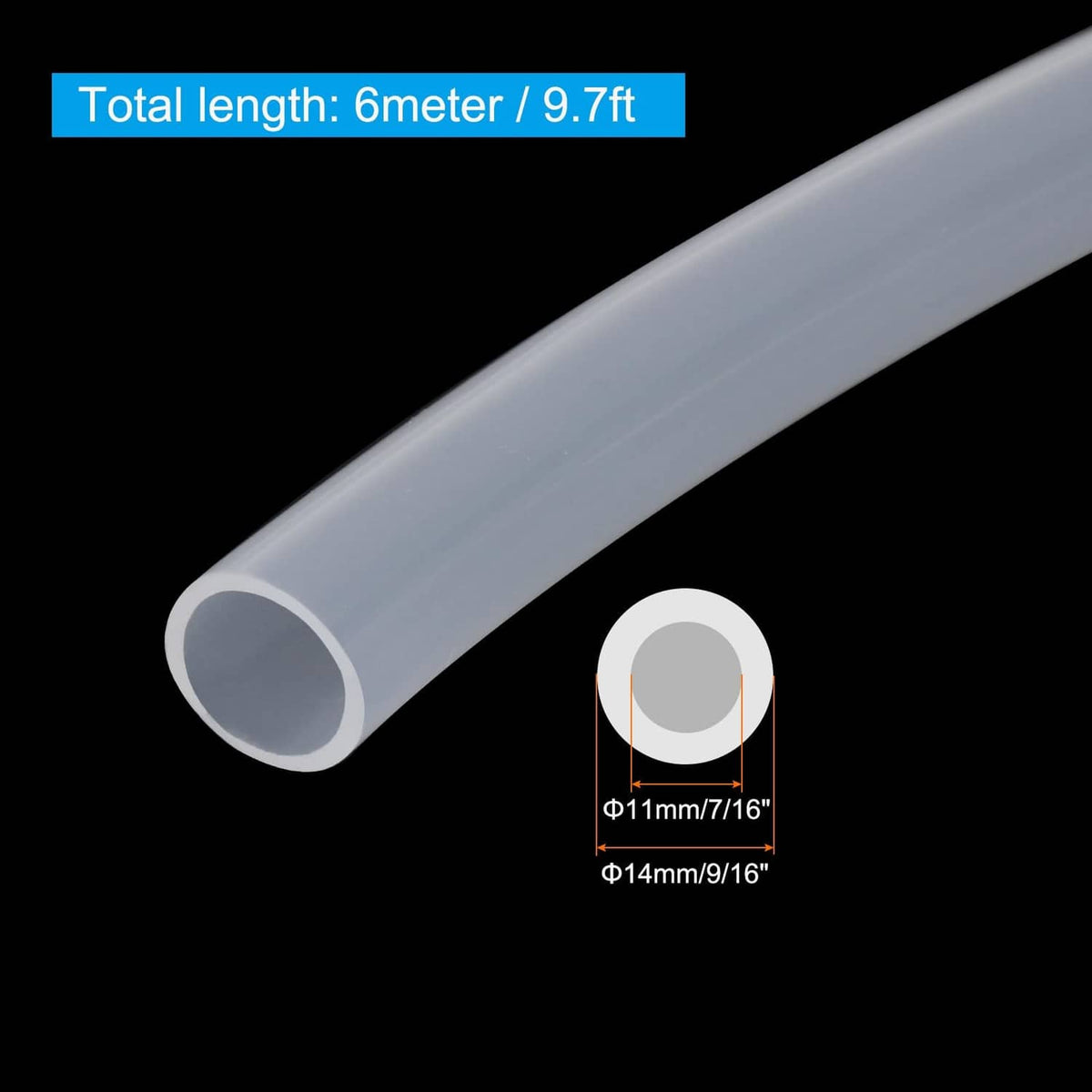 Transparent silicone tube, round cross-section with visible inner diameter sizing