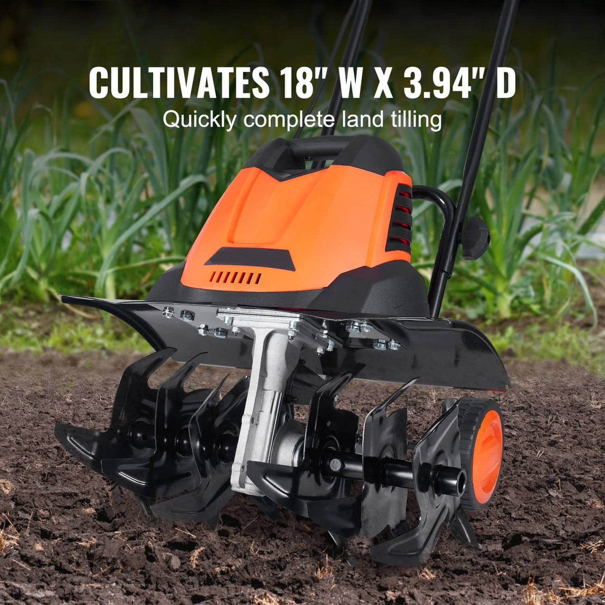 Orange and black electric cultivator tiller with rotating tine blades and side guard