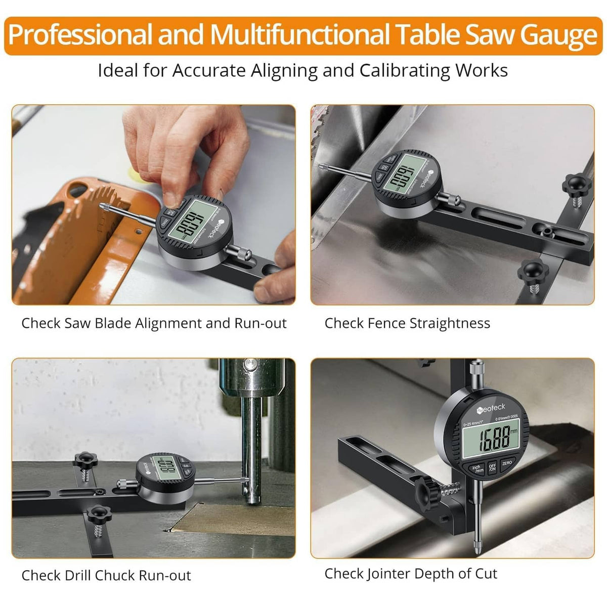 Table saw gauge kit with digital indicator and included black carrying case