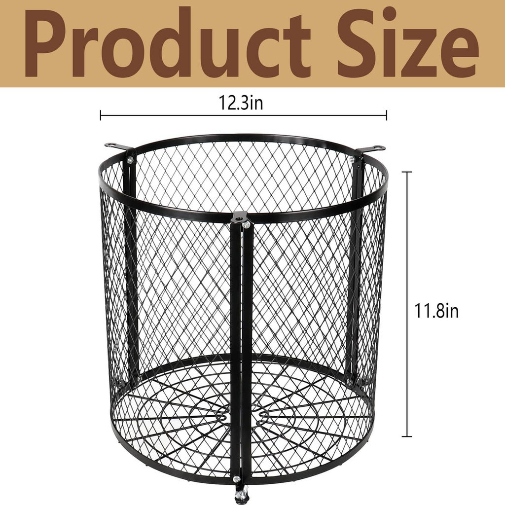 Black cylindrical wire cage varmint guard with central support post for deer feeder