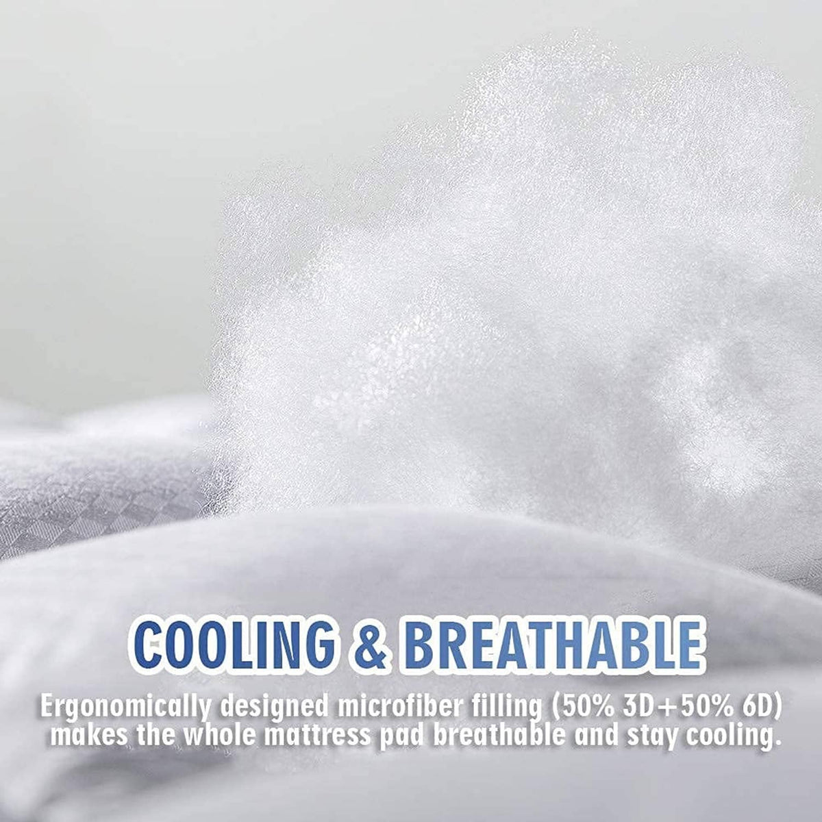White cooling mattress pad topper with soft microfiber fill and smooth quilted surface