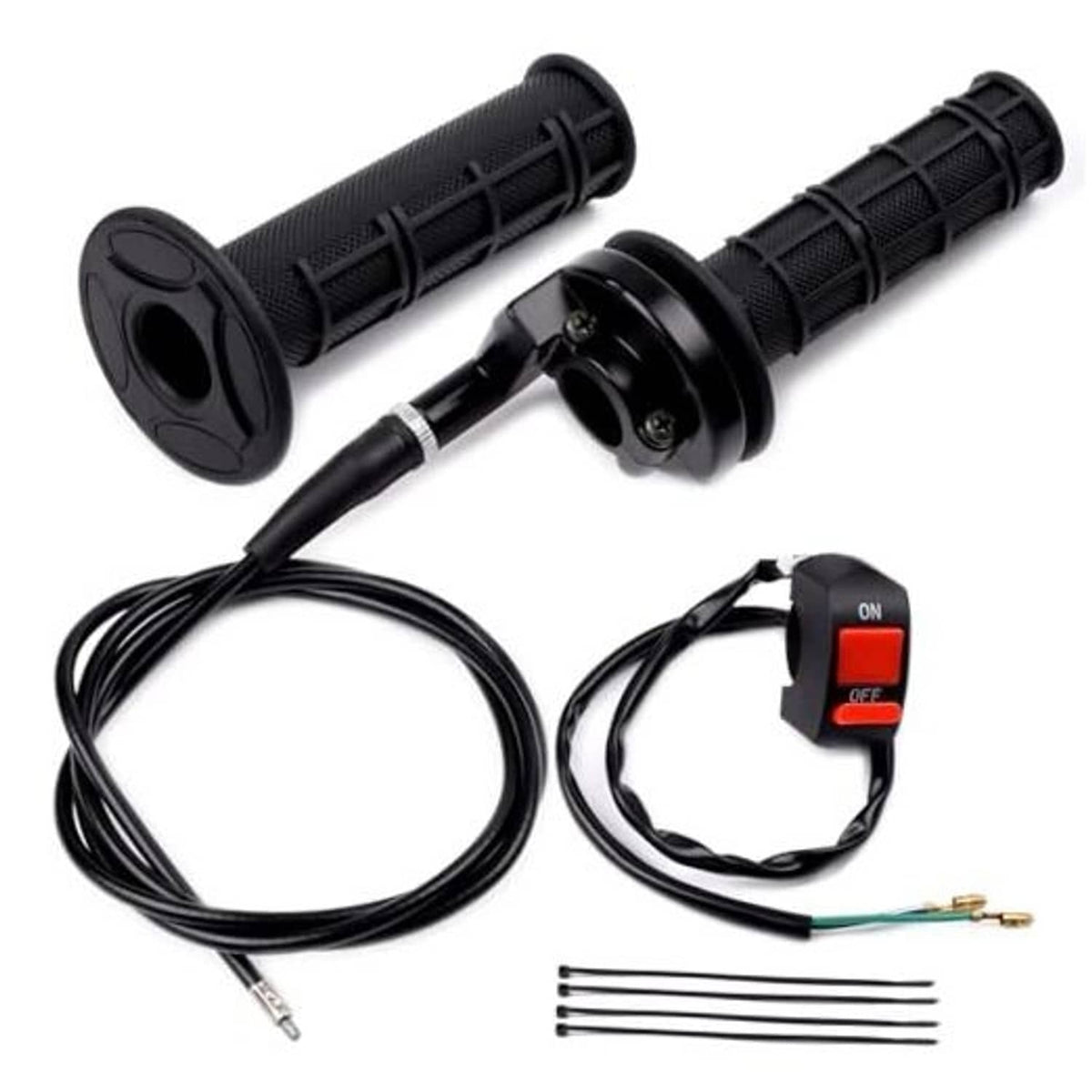 Black soft rubber twist throttle grips with on/off switch and wiring harness.