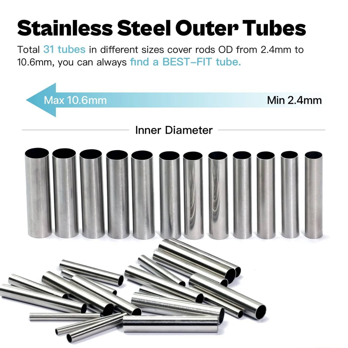 Stainless steel outer tubes set, multiple sizes for fitting fishing rod repair sleeves