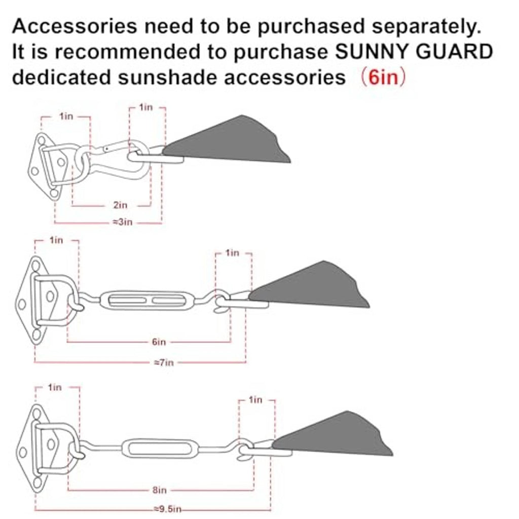 Shade sail hardware accessory diagram with strap and mounting dimensions