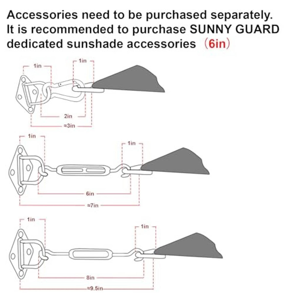 Shade sail hardware accessory diagram with strap and mounting dimensions