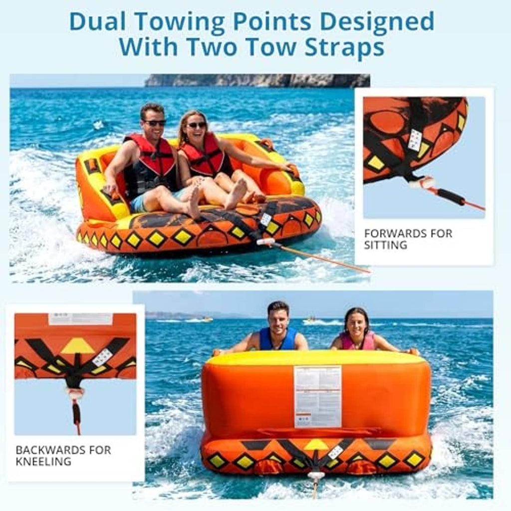 Orange inflatable tow tube with dual towing points and two tow straps for riding