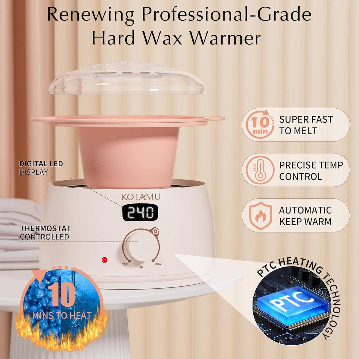 Digital wax warmer base with clear lid, 240 display, and thermostat knob for hard wax