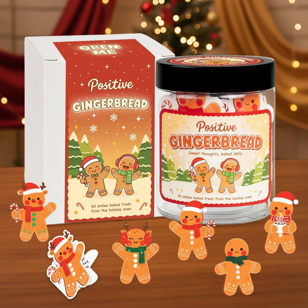 Gingerbread affirmation jar with black lid, shown with matching gift box and card cutouts