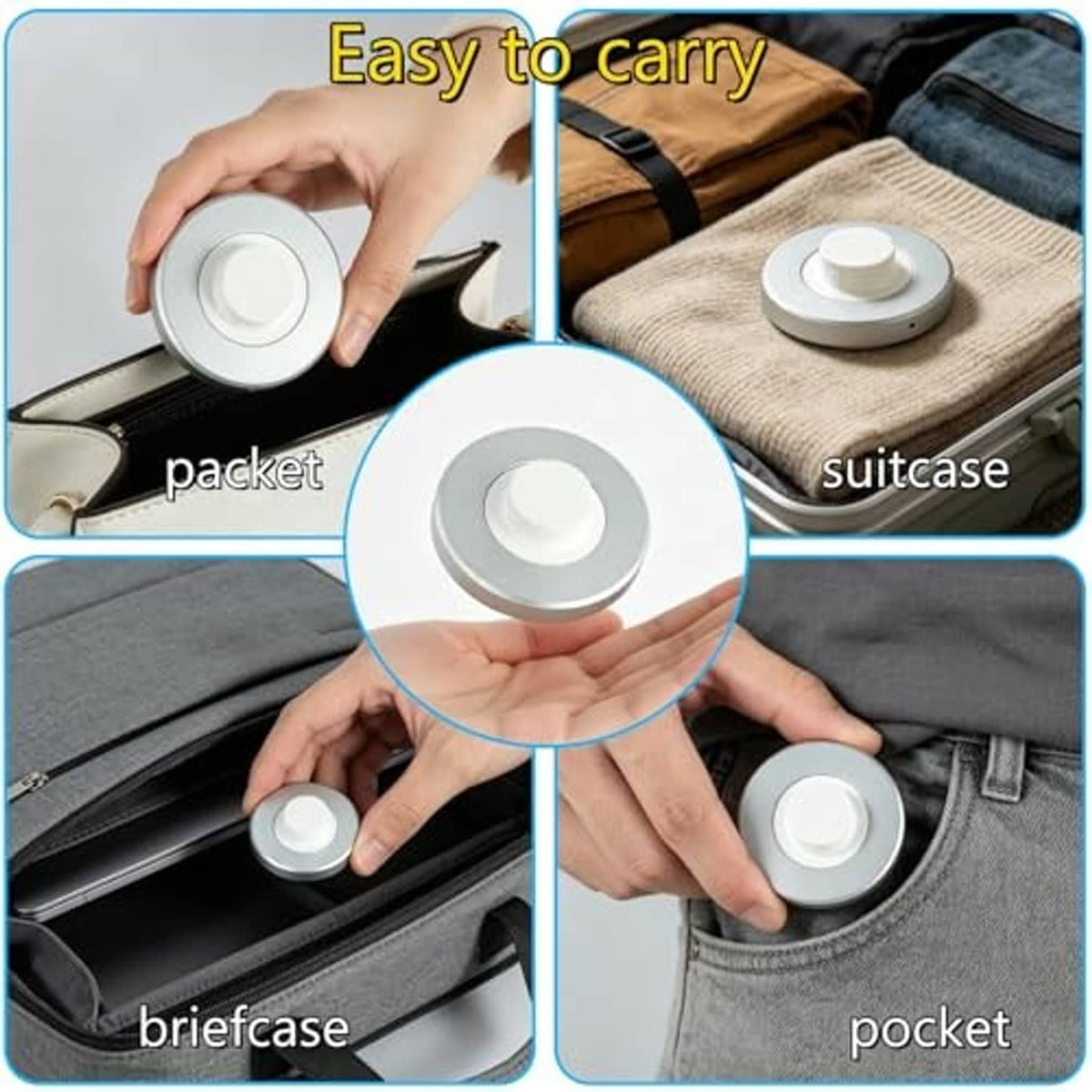 Portable ring charging dock with round cradle, held in hand for easy carrying