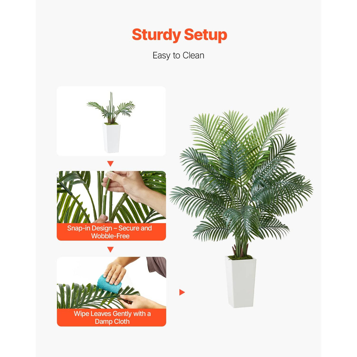 Artificial areca palm with green fronds in a white pot, shown with leaf-detail setup