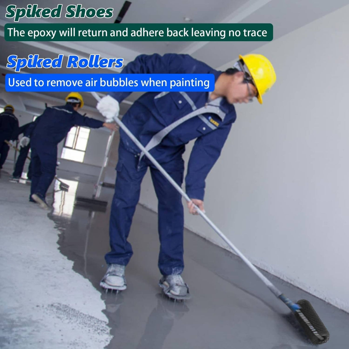 Blue-handled spiked roller tool for smoothing epoxy or concrete floors