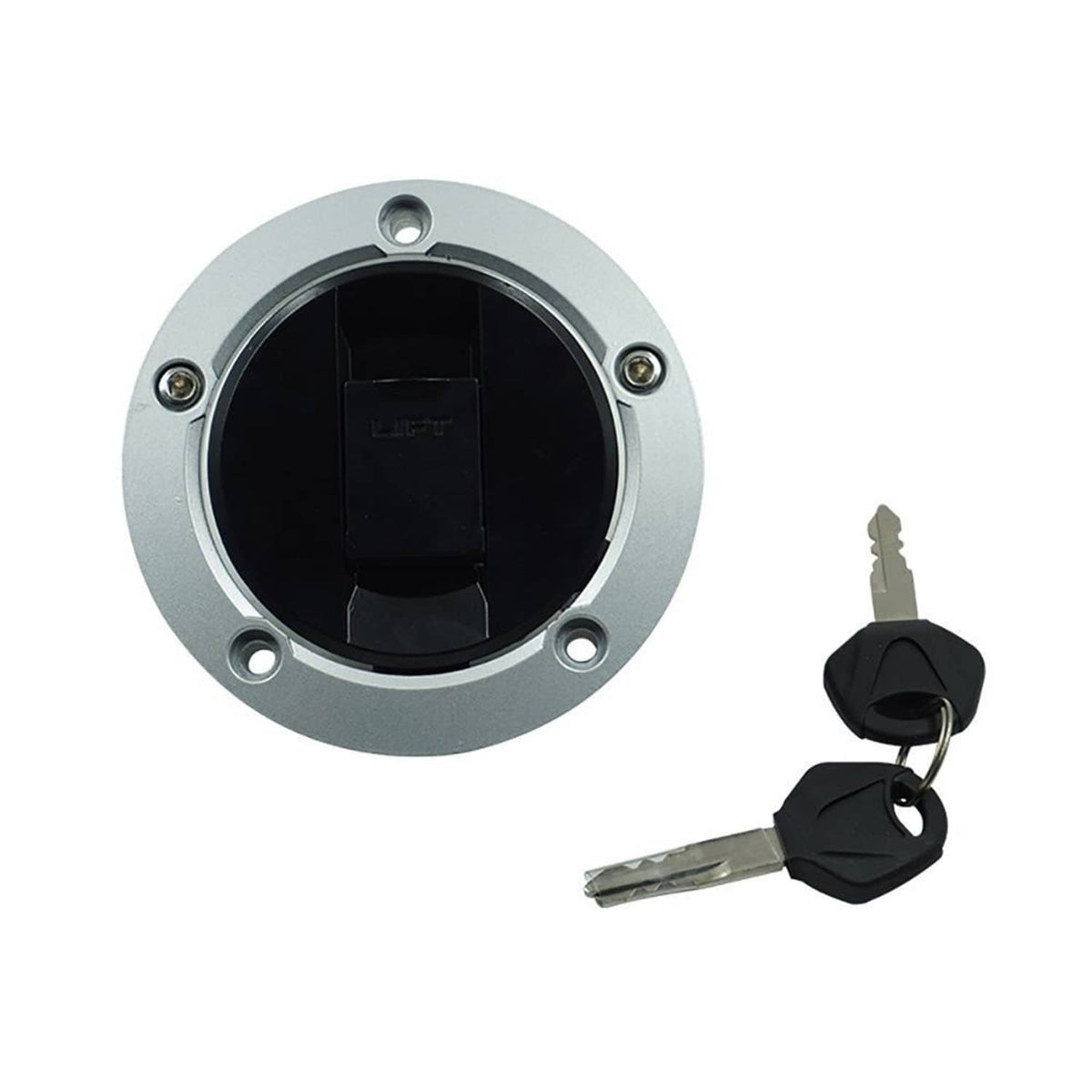 Fuel cap style lock with keys and mounting plate for motorcycle