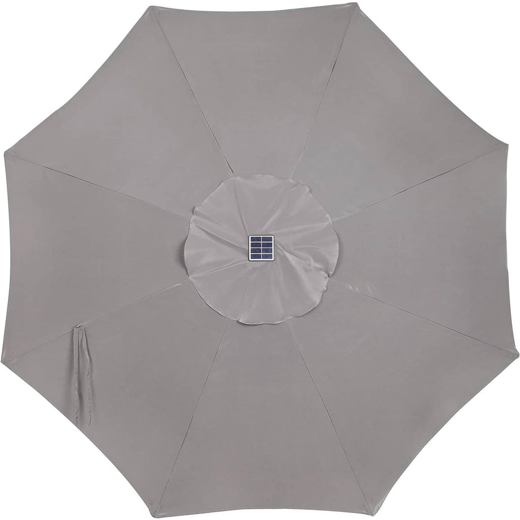 Gray 9 ft umbrella canopy with small solar panel on top