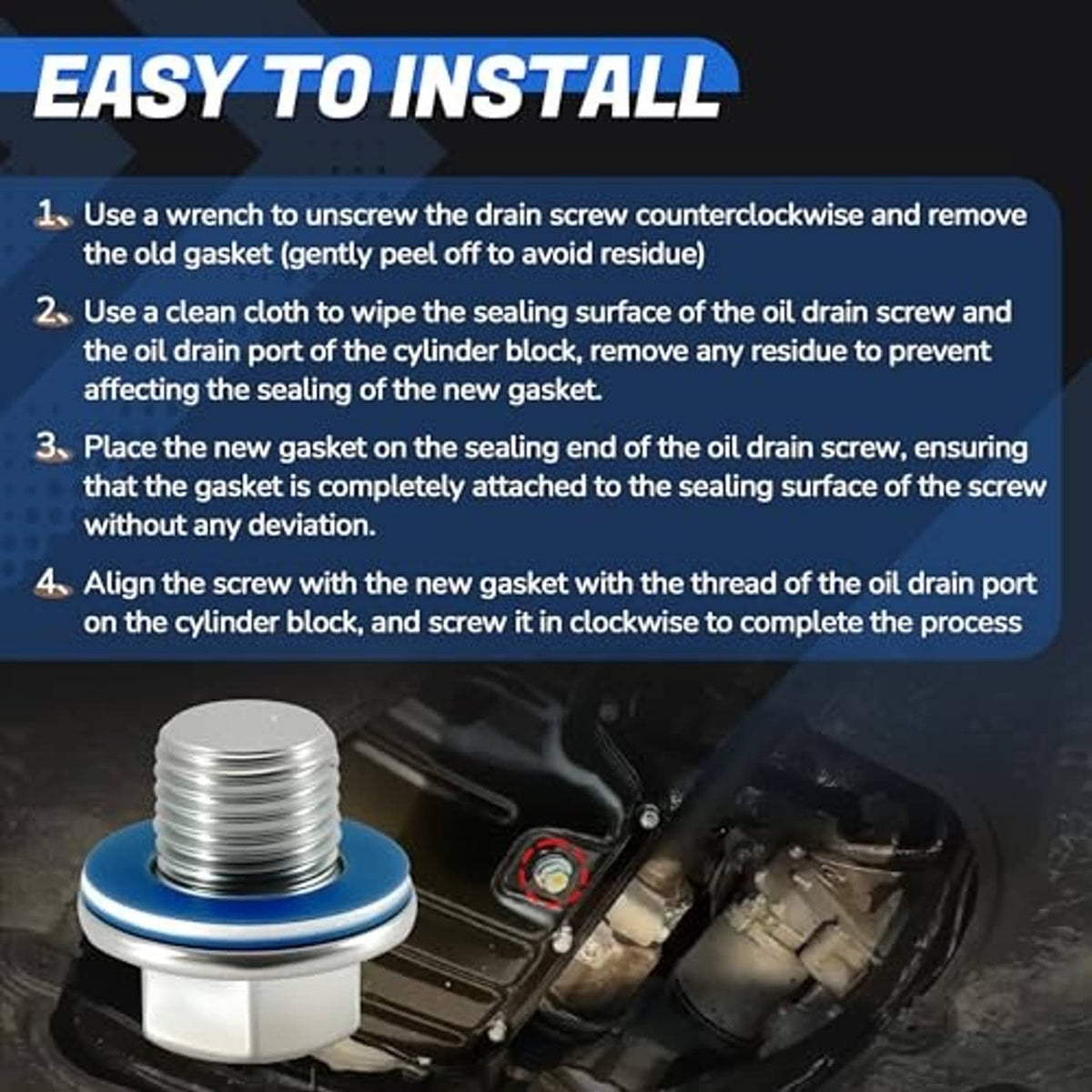 Oil drain plug gasket washer installed on oil drain plug with blue sealing ring
