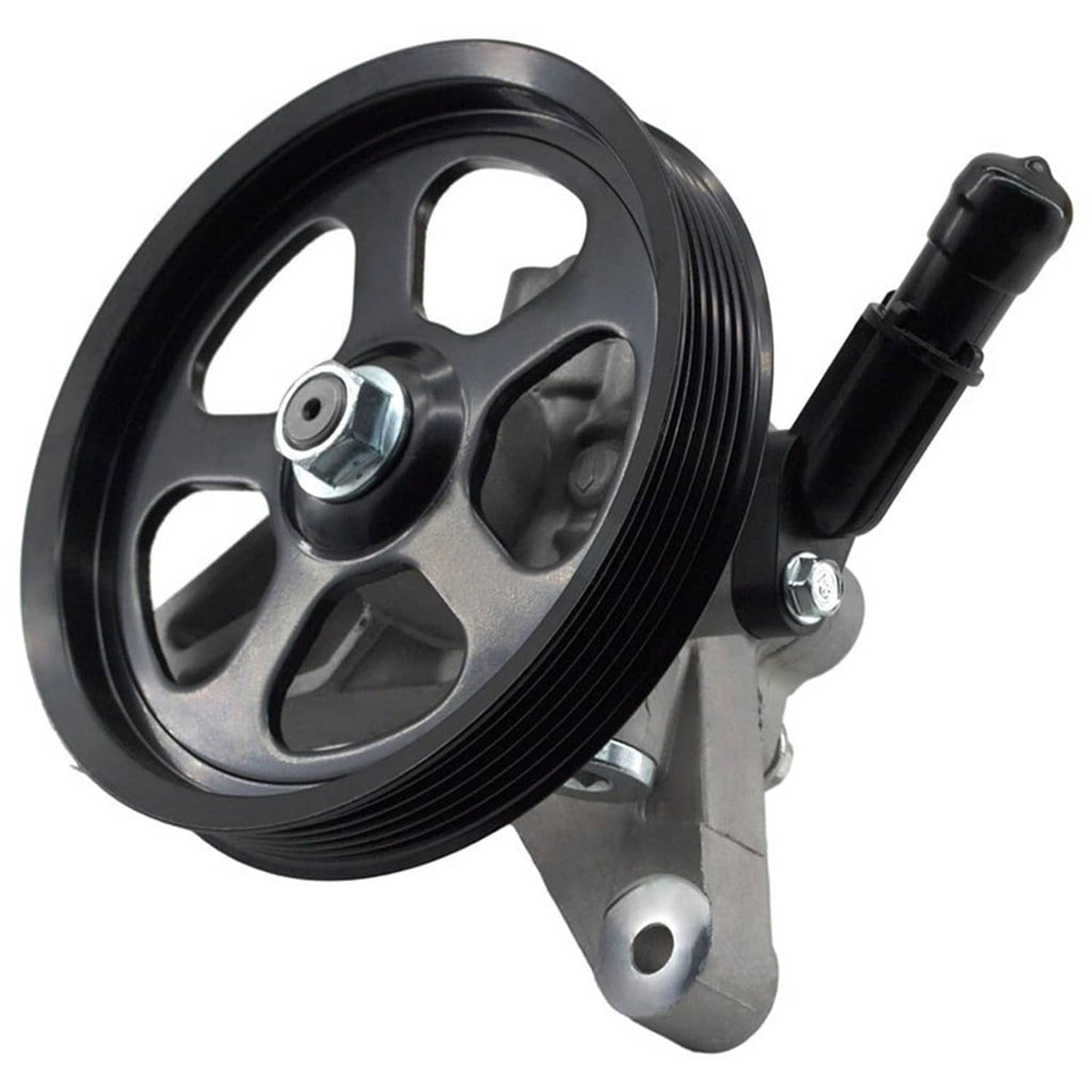 Power steering pump with black pulley, silver housing, and attached pressure line