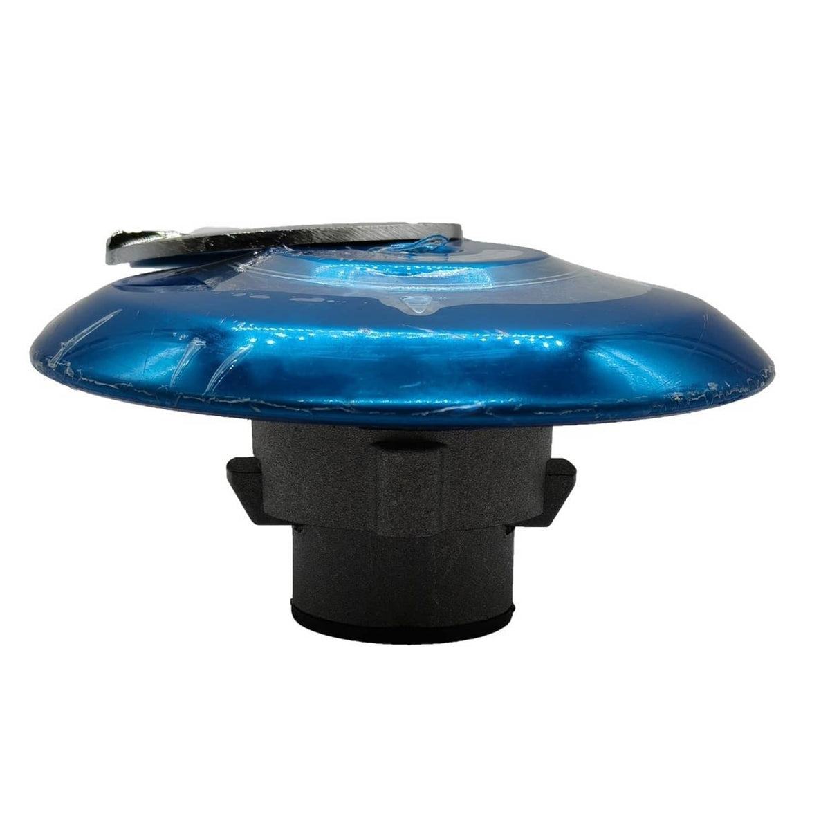 Blue fuel gas cap top with scuffed finish and black mounting base