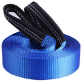 Blue and black heavy-duty tow strap with white stitched seams and looped ends