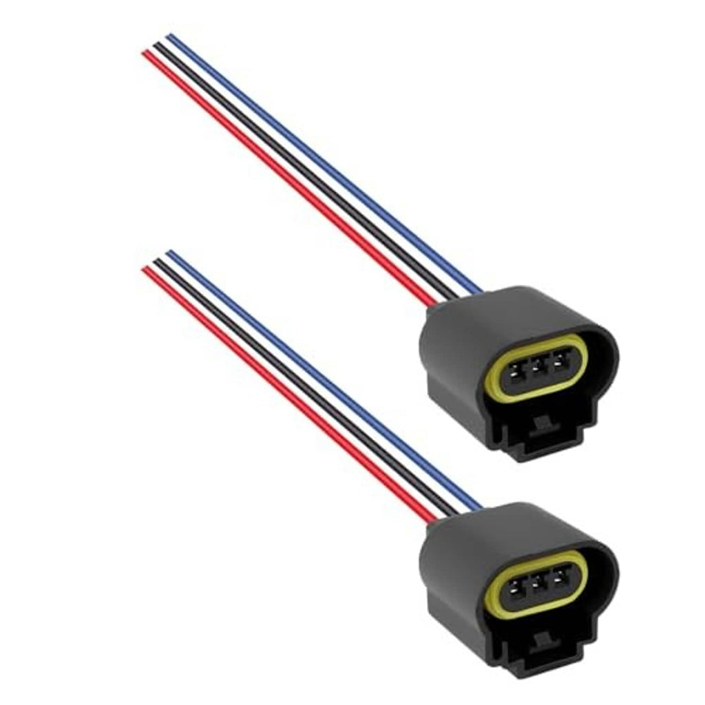 Two headlight wiring pigtail connectors with gray housings, yellow plug, red/blue leads