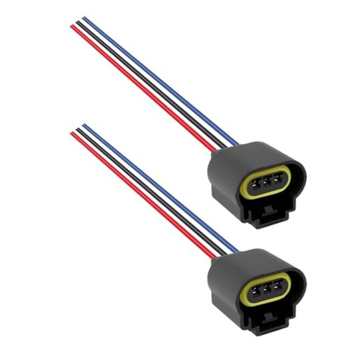 Two headlight wiring pigtail connectors with gray housings, yellow plug, red/blue leads