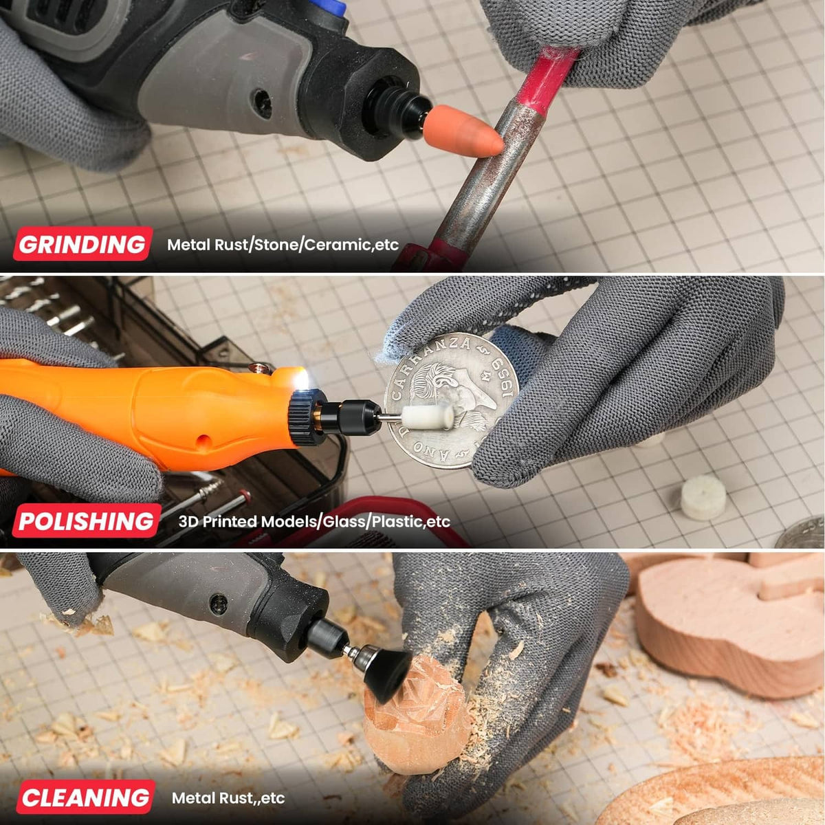 Rotary tool accessories for grinding, polishing, and cleaning on metal and plastic