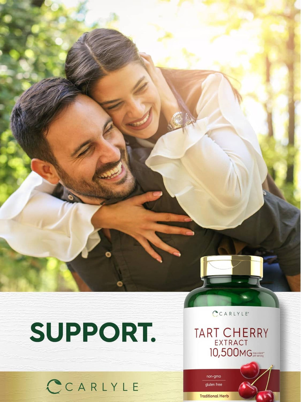 Carlyle tart cherry extract capsules bottle, gold cap, green label with red cherry accents