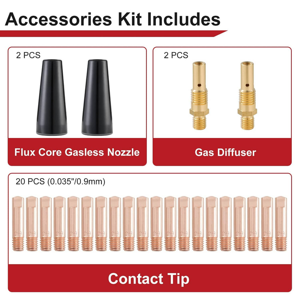 MIG accessory kit contents: 2 nozzles, 2 diffusers, 20 copper contact tips