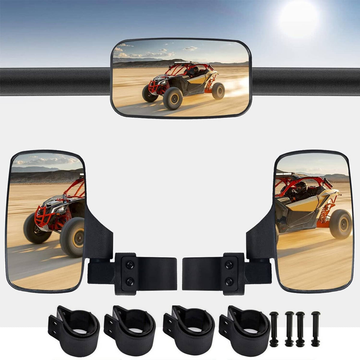 UTV side and center mirrors set with black frame and wide panoramic glass