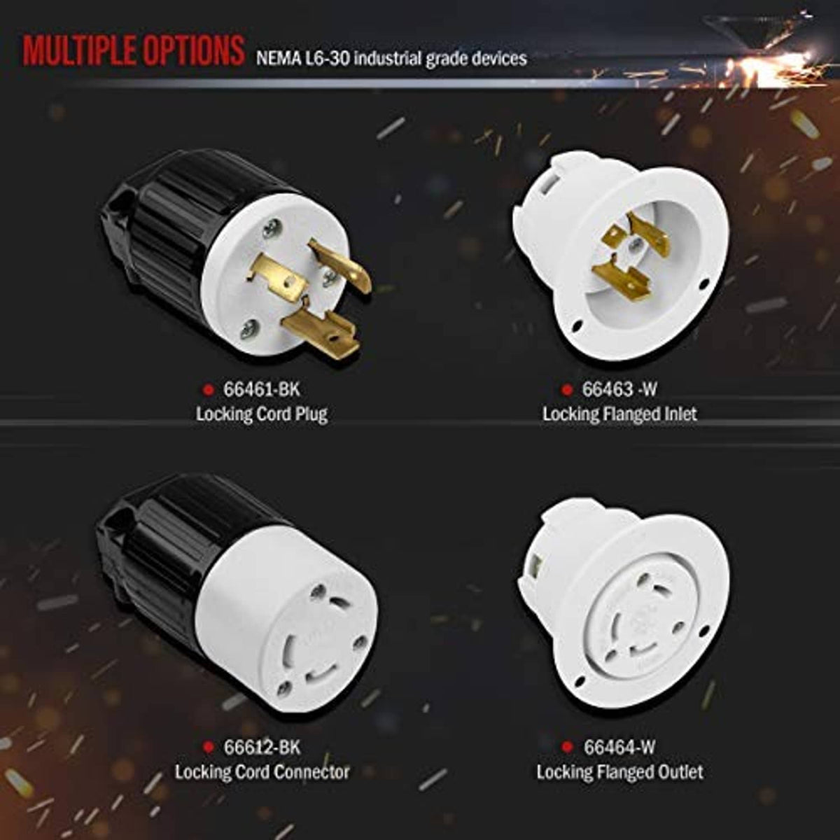 Multiple locking plug connectors shown with brass contacts in black and white housings