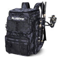 Fishing tackle backpack in black camouflage with front mesh pocket and rod holder straps