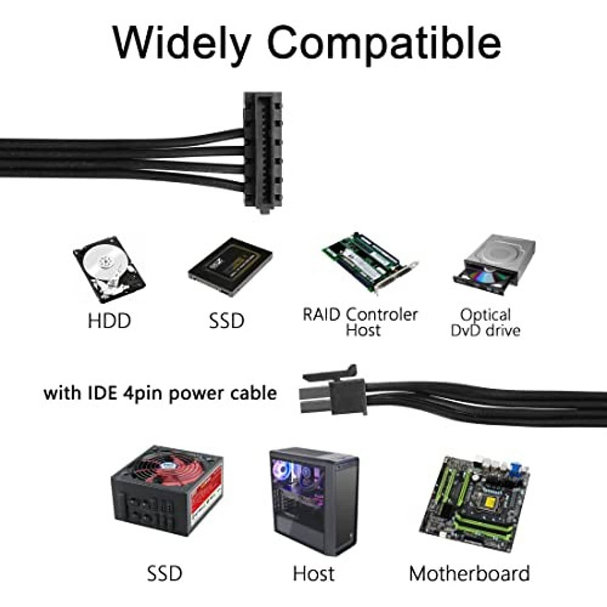SATA 15-pin right-angle power splitter cable for SSD, HDD, and controller setups