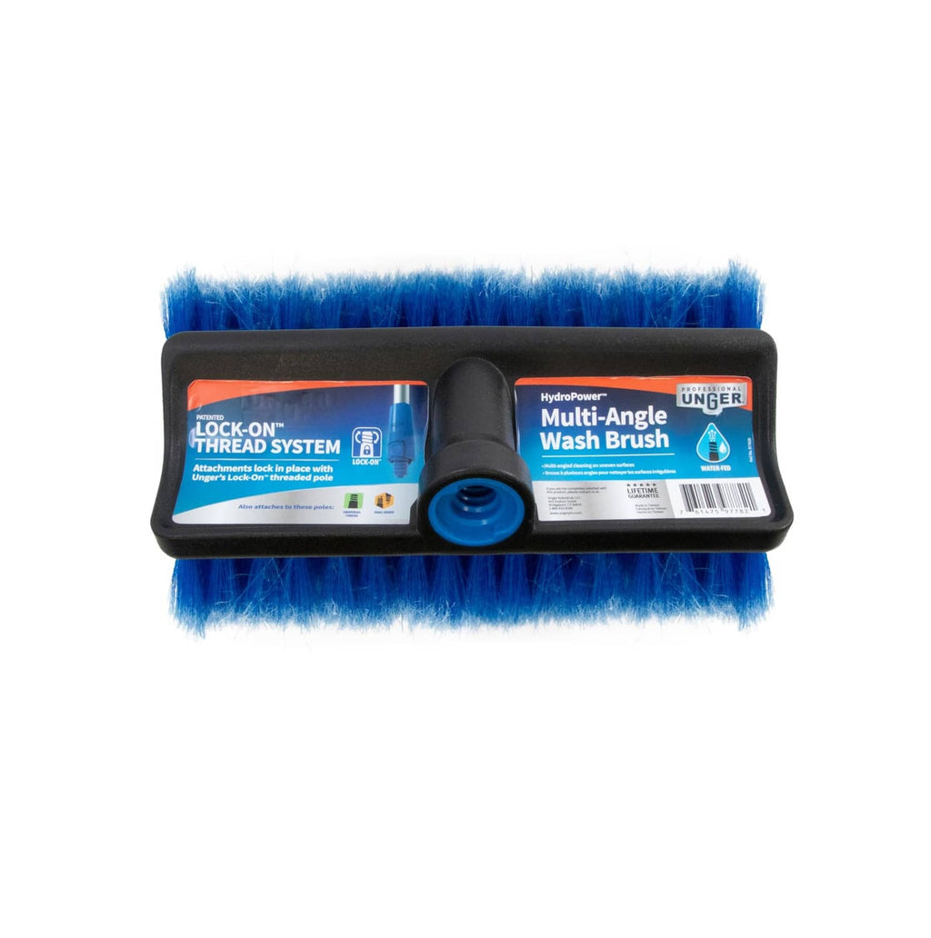 Soft wash brush with blue bristles and black lock-on handle base