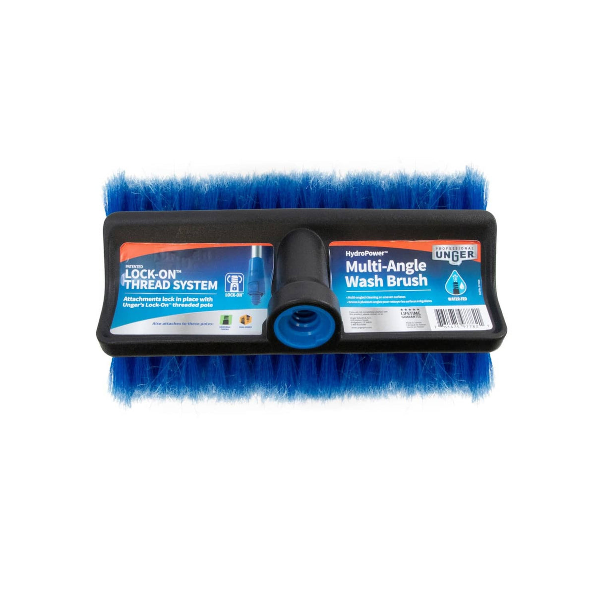 Soft wash brush with blue bristles and black lock-on handle base