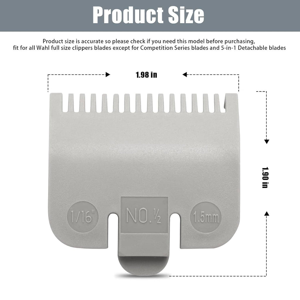 Silver clipper guard replacement labeled NO. 1/2 and 1.5mm with measurement view