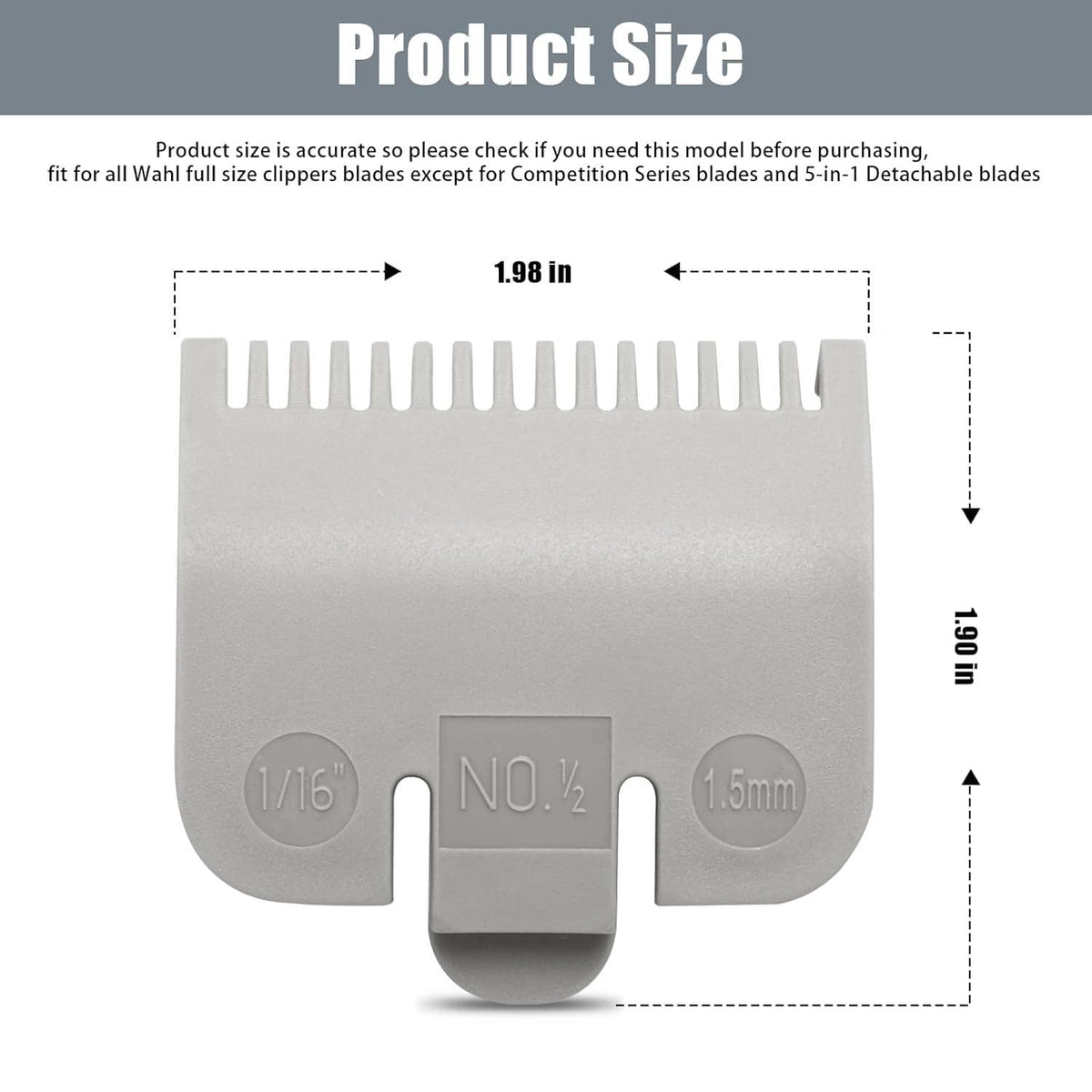 Silver clipper guard replacement labeled NO. 1/2 and 1.5mm with measurement view