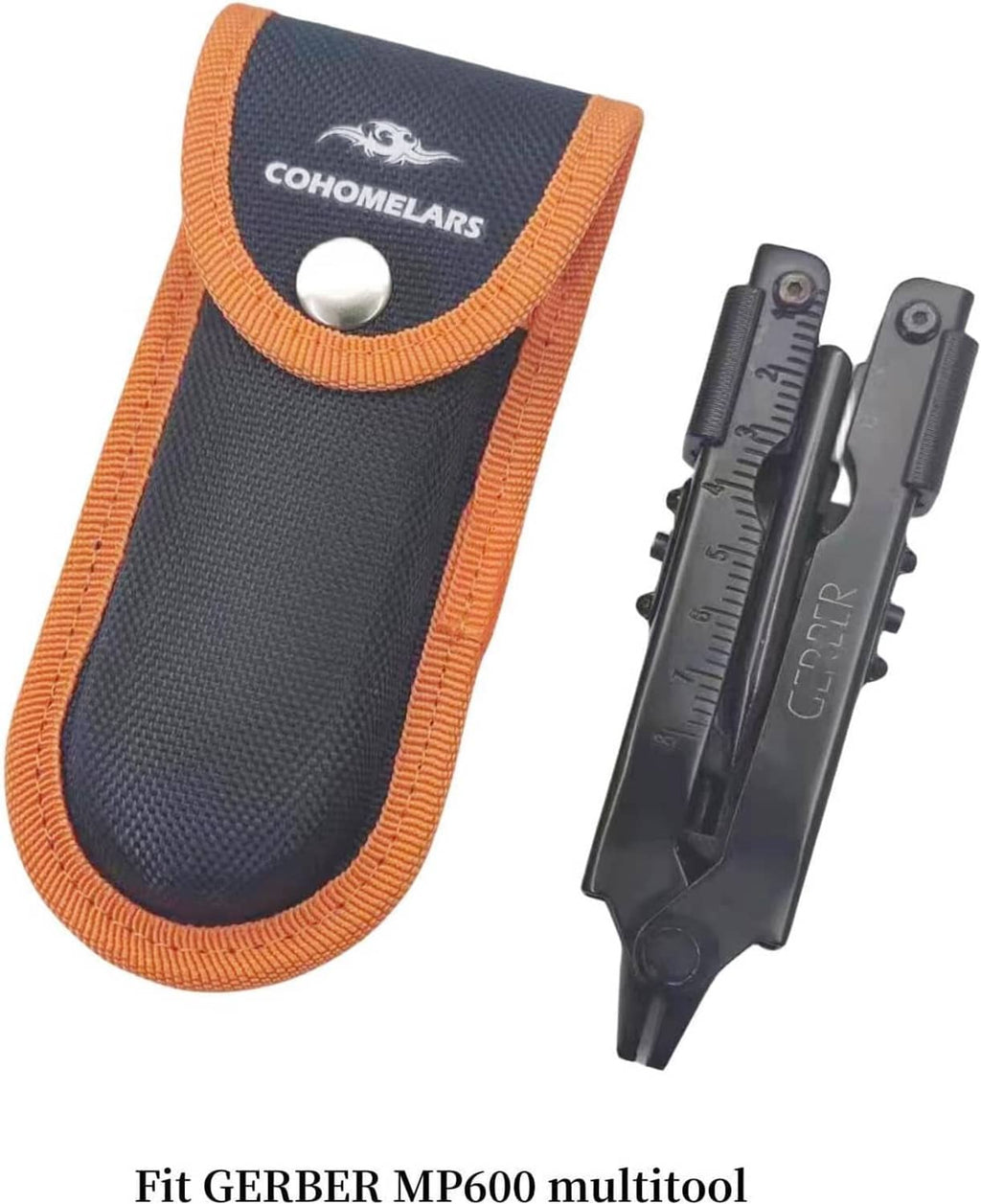Nylon knife sheath with orange trim and snap flap, holding a multitool