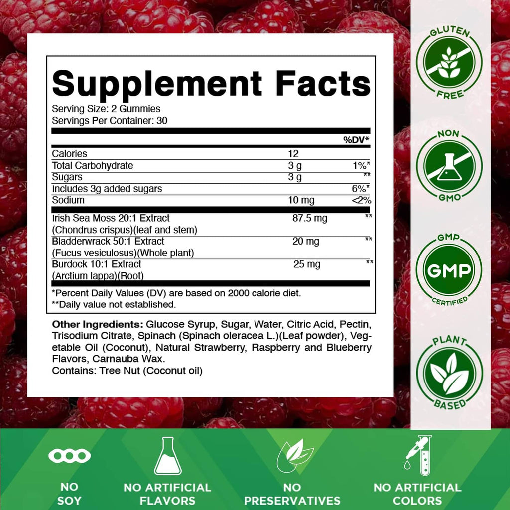 Supplement Facts label for sea moss gummies with ingredient list and nutrition details