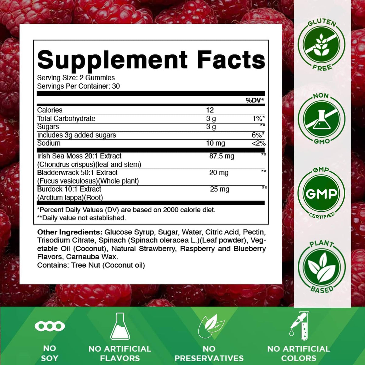 Supplement Facts label for sea moss gummies with ingredient list and nutrition details