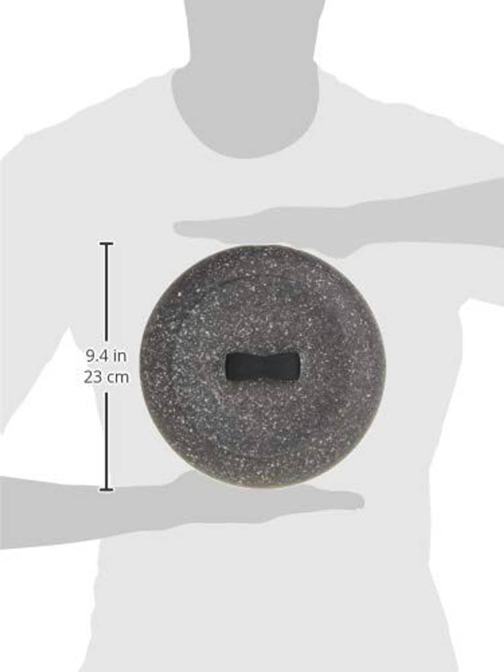 Granite-pattern tortilla warmer with lid and handle, size shown against a person silhouette