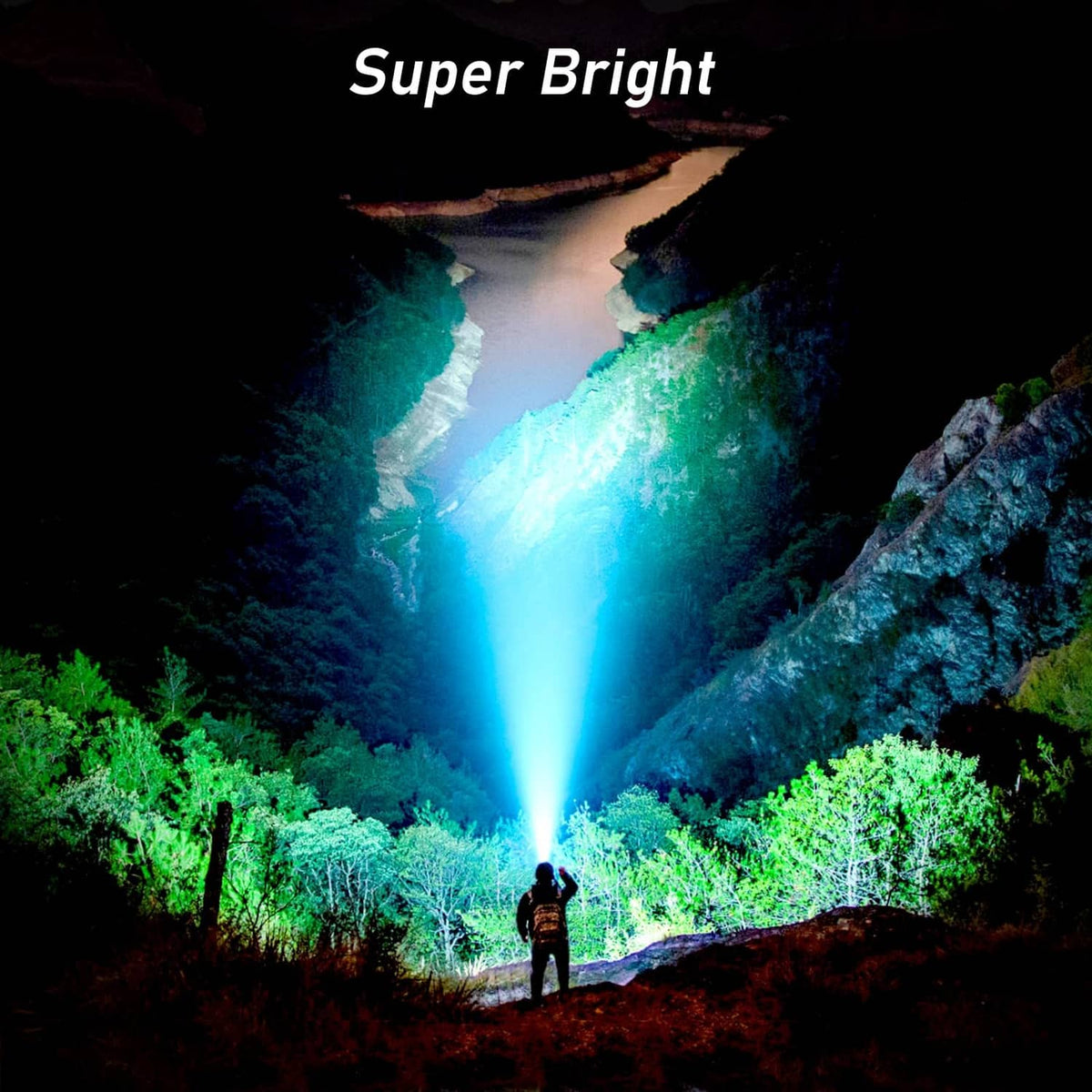 Rechargeable LED headlamp projecting a bright beam on a dark path