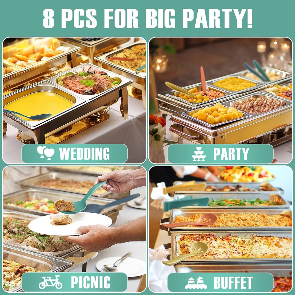 Assorted large serving spoons displayed with multiple buffet trays