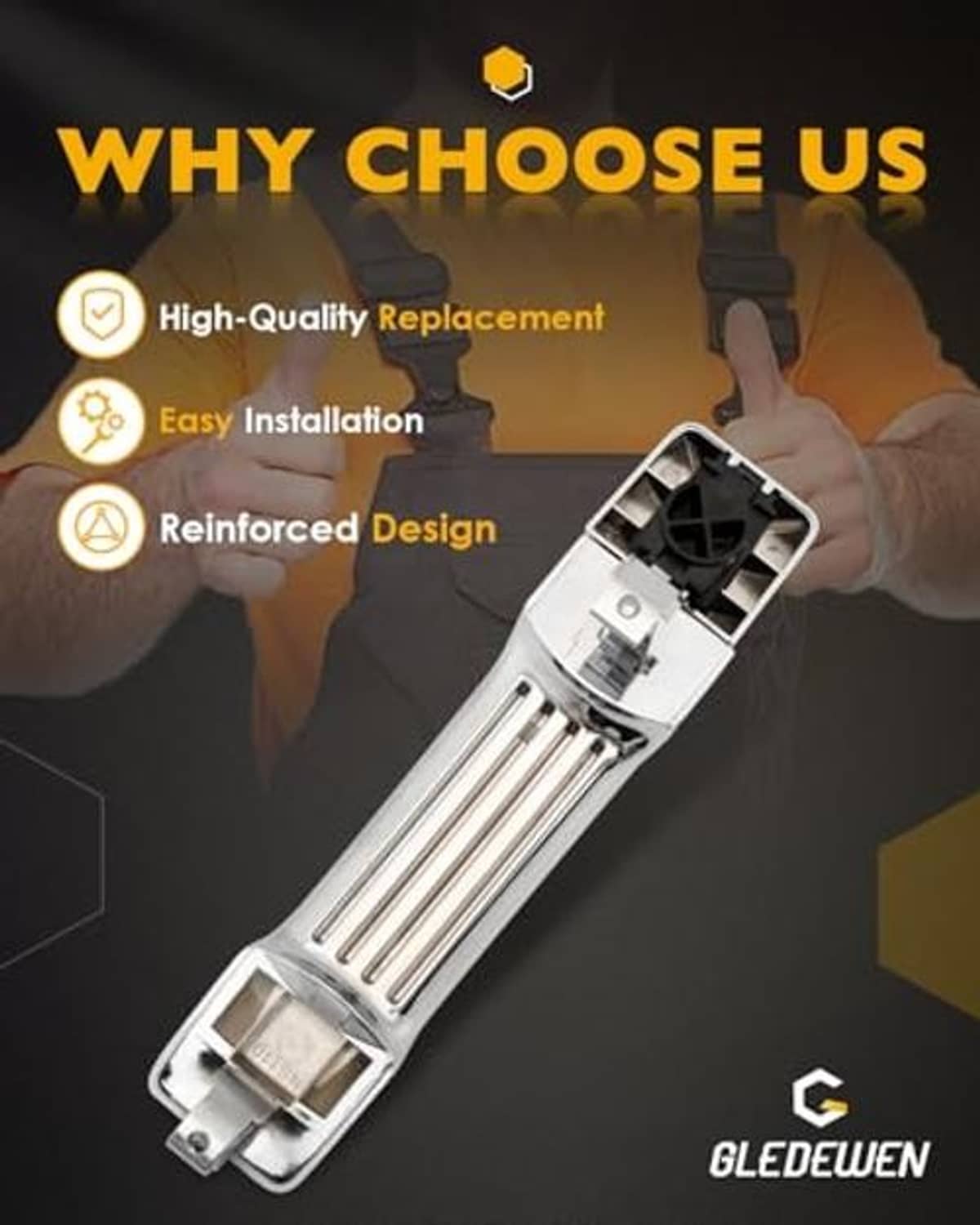 Chrome door handle with exposed internal frame and mounting hardware