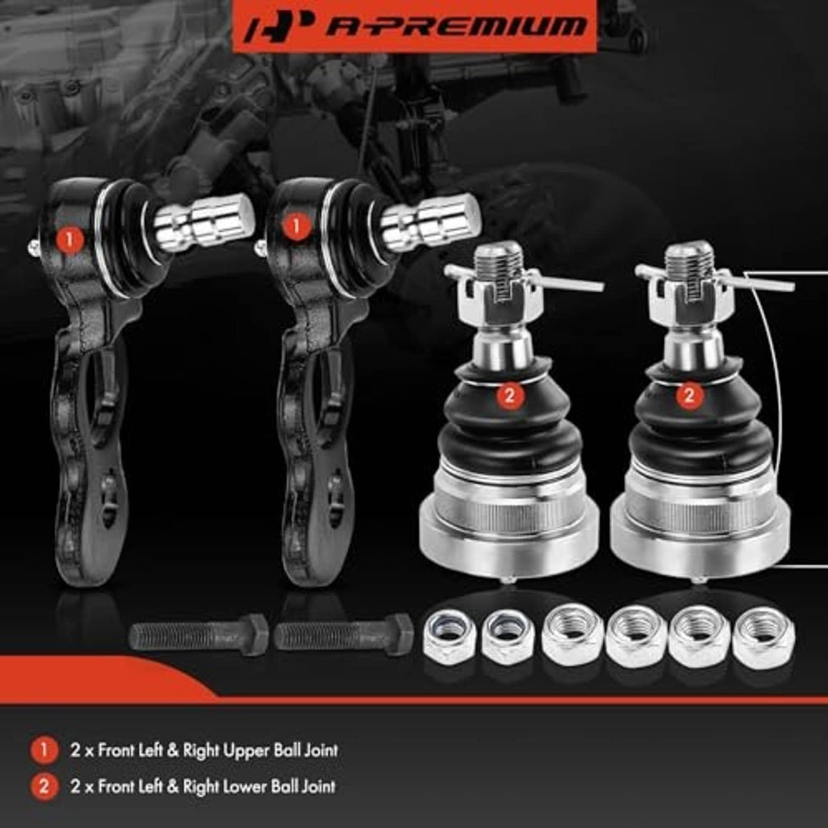 Front ball joint kit showing upper and lower joints, dust boots, and mounting bolts