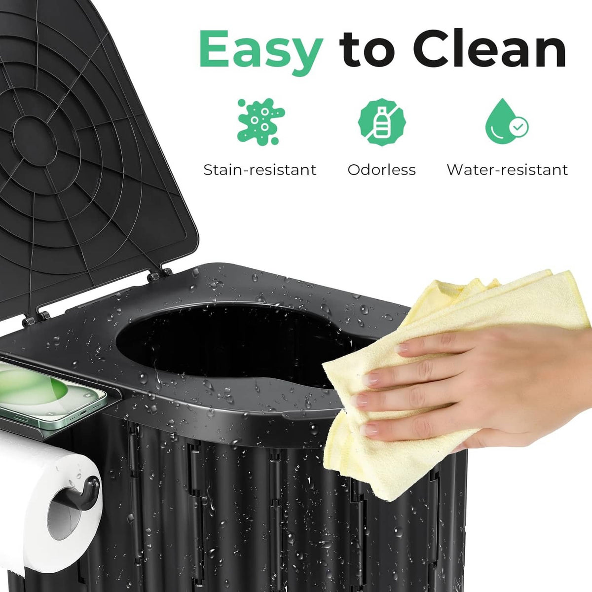 Black portable camping toilet lid open, textured surface for easy cleaning