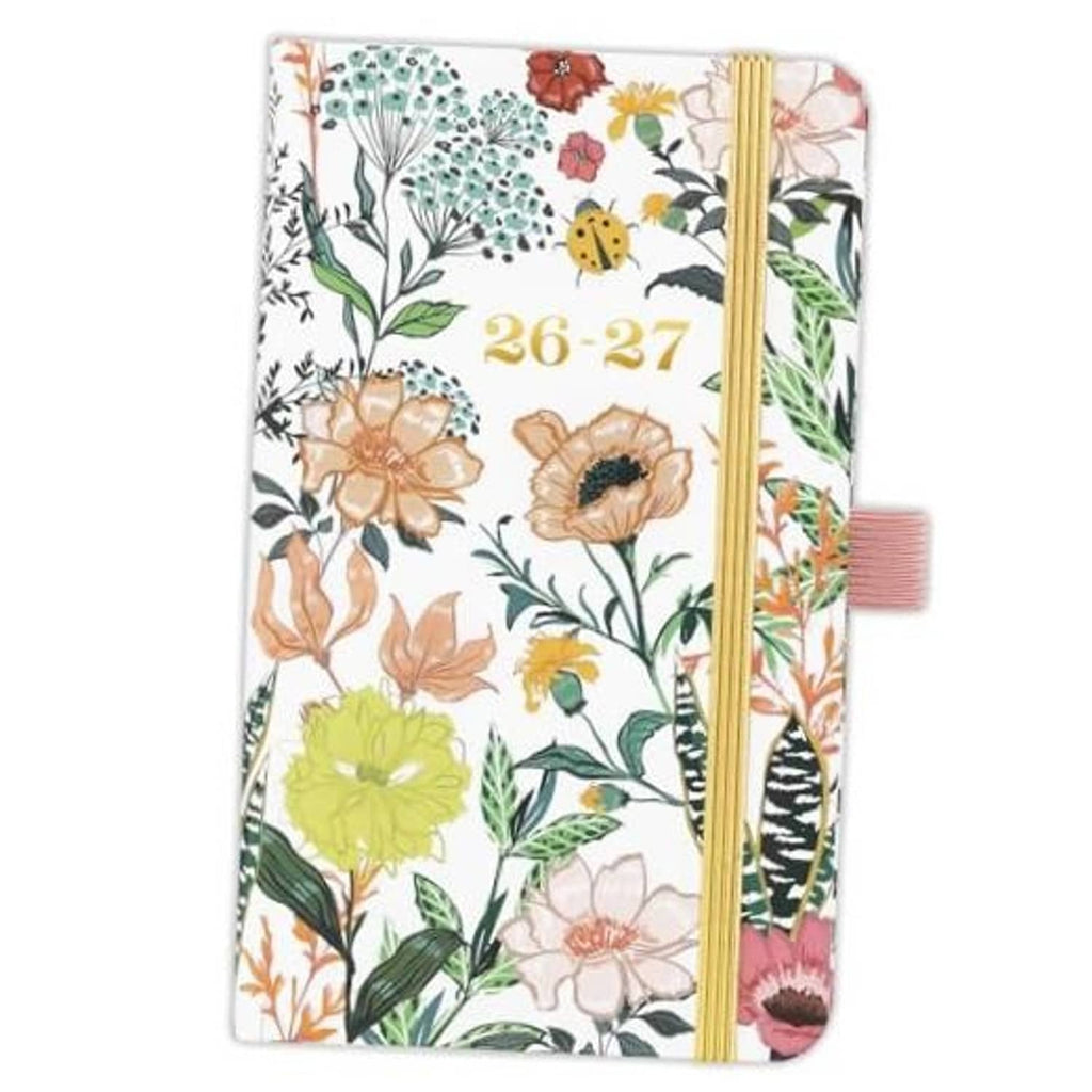 Floral pocket planner cover with gold elastic band and orange, green, and pink flowers