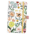 Floral pocket planner cover with gold elastic band and orange, green, and pink flowers