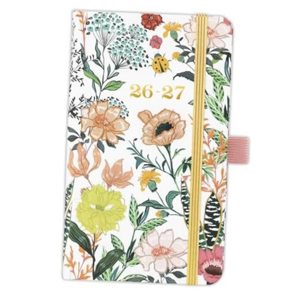 Floral pocket planner cover with gold elastic band and orange, green, and pink flowers